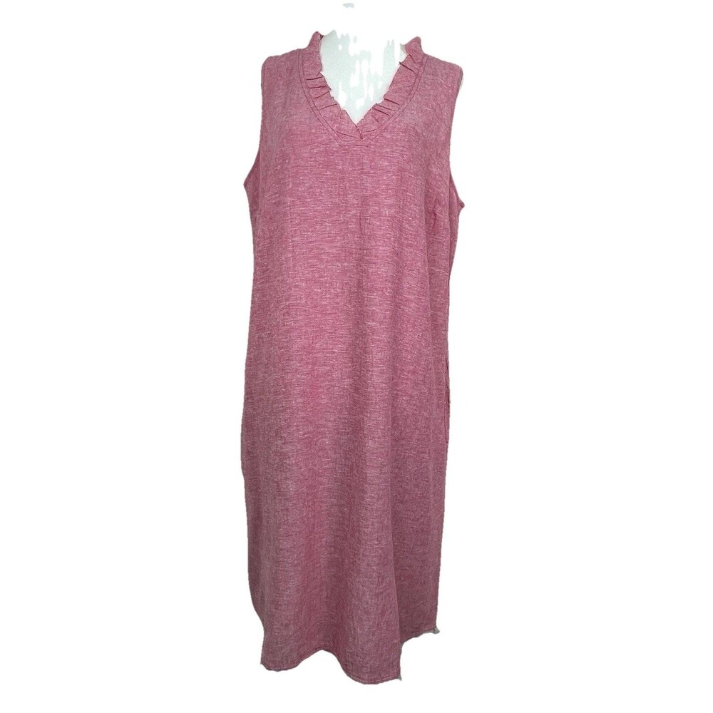 Susan Graver Paris Sleeveless Pink Chambray Midi Dress Ruffle Collar Chic -M